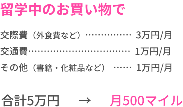 留学中のお買い物で 合計5万円→月500マイル