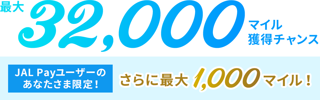最大32,000マイル獲得チャンス JAL Payユーザーのあなたさま限定!さらに最大1,000マイル!