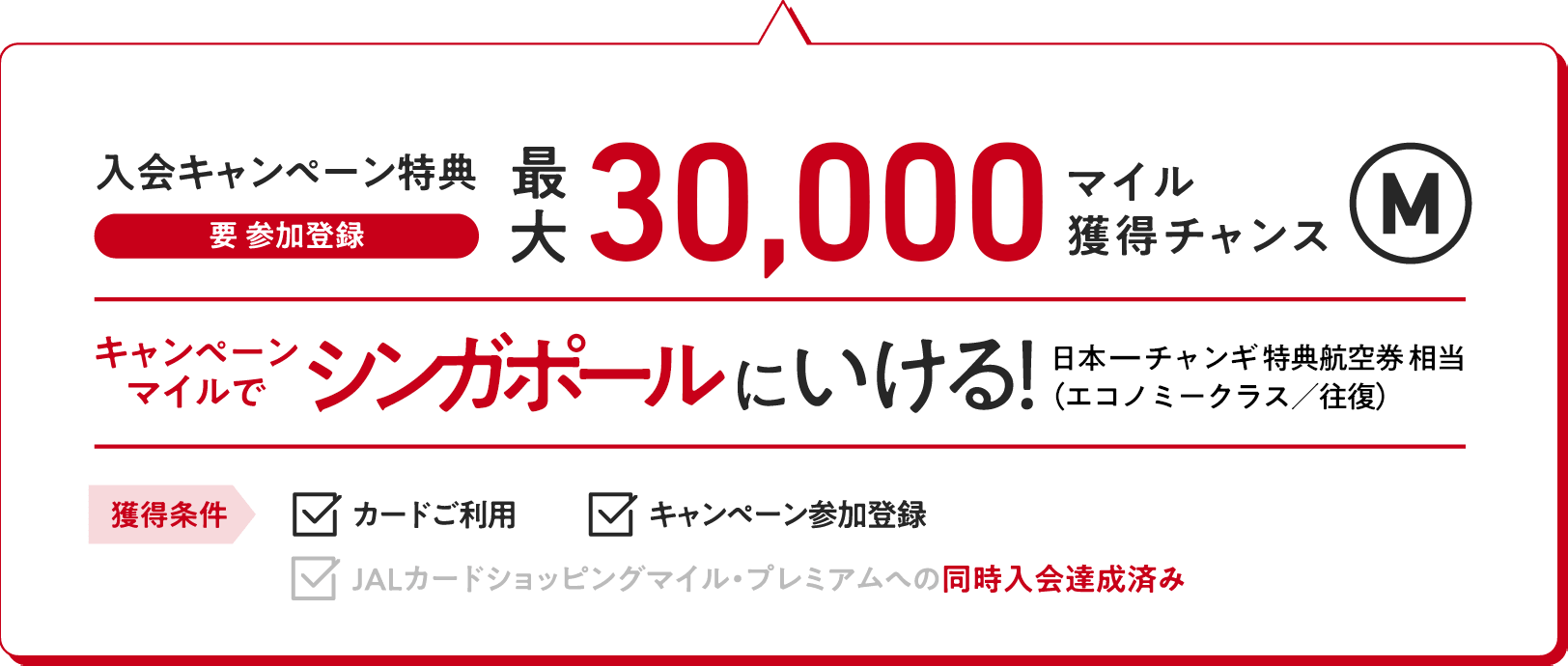 入会キャンペーン特典（要 参加登録）：最大30,000マイル獲得チャンス キャンペーンマイルでシンガポールにいける！（日本ーチャンガ特典航空券相当（エコノミークラス／往復）【獲得条件】・カードご利用　・キャンペーン参加登録　・JALカードショッピングマイル・プレミアムへの同時入会達成済み