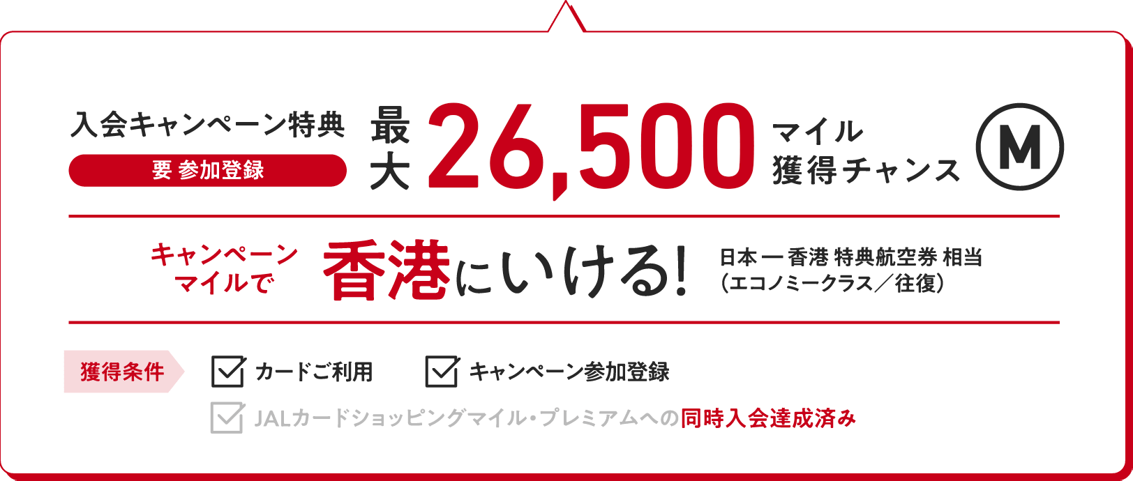 入会キャンペーン特典（要 参加登録）：最大26,500マイル獲得チャンス キャンペーンマイルで香港にいける！（日本ー香港特典航空券相当（エコノミークラス／往復）【獲得条件】・カードご利用　・キャンペーン参加登録　・JALカードショッピングマイル・プレミアムへの同時入会