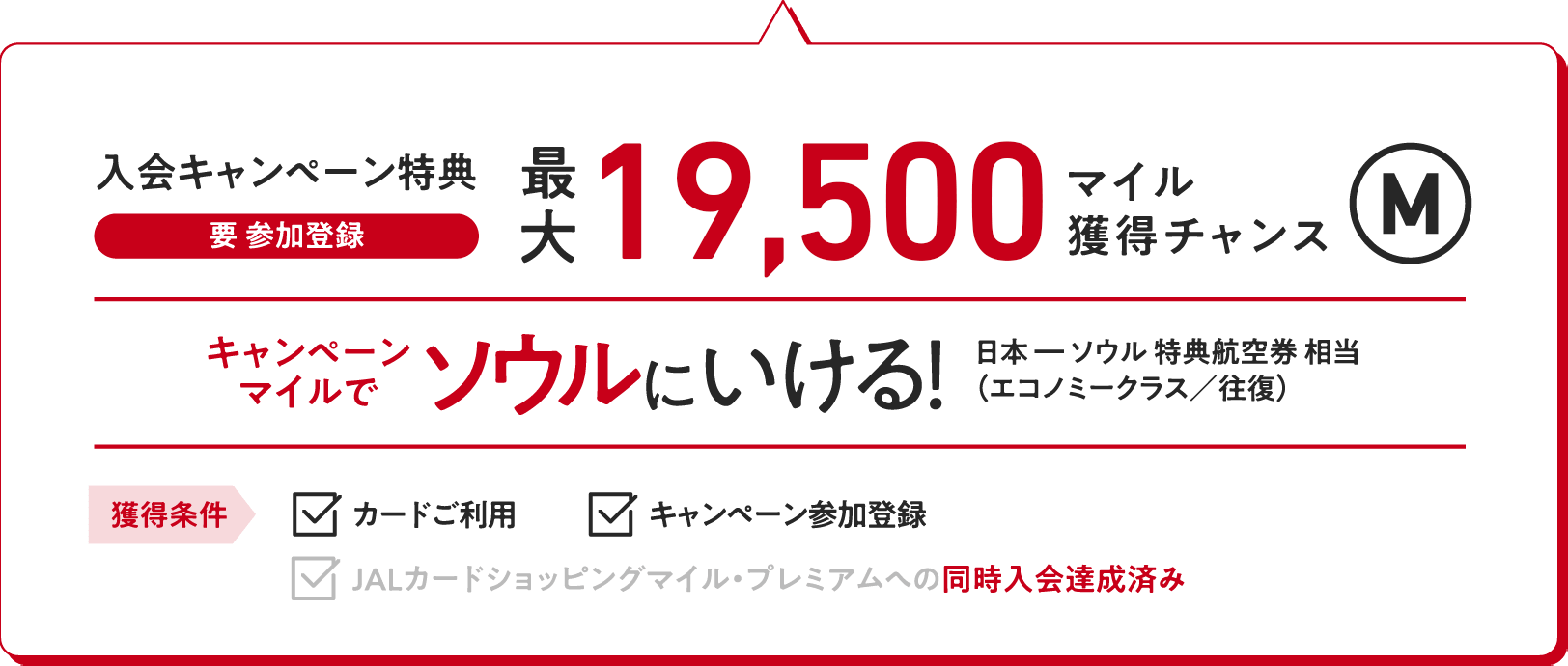 入会キャンペーン特典（要 参加登録）：最大19,500マイル獲得チャンス キャンペーンマイルでソウルにいける！（日本ーソウル特典航空券相当（エコノミークラス／往復）【獲得条件】・カードご利用　・キャンペーン参加登録　・JALカードショッピングマイル・プレミアムへの同時入会