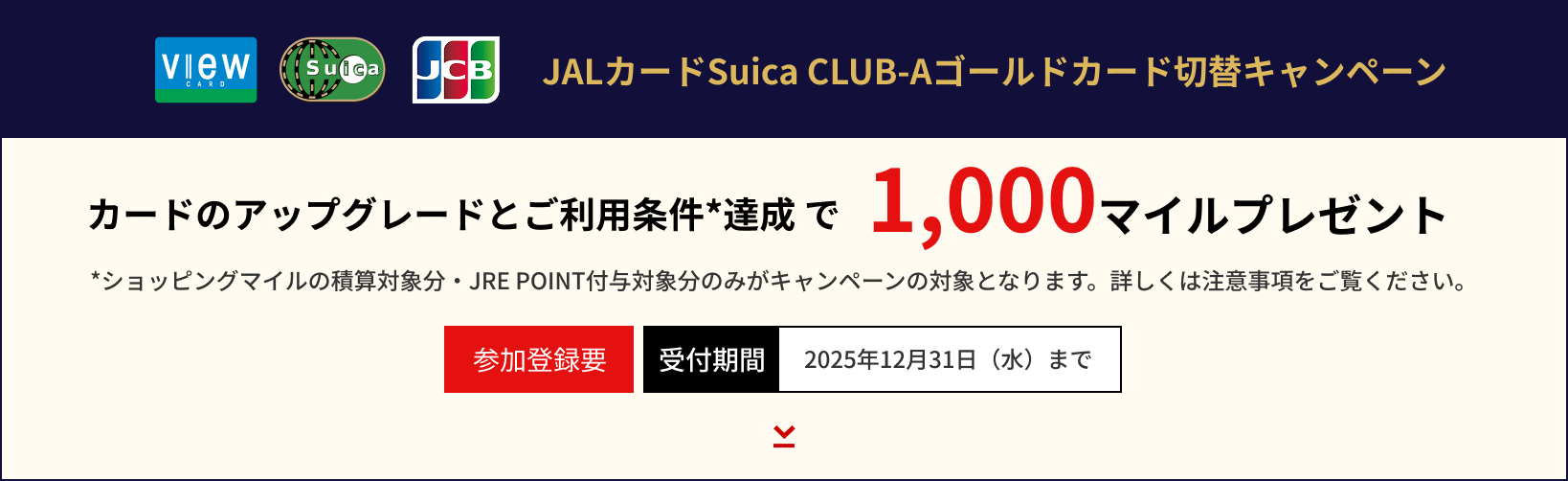 JALカードSuica CLUB-Aゴールドカード切替キャンペーン カードのアップグレードとご利用条件*達成で1,000マイルプレゼント *ショッピングマイルの積算対象分・JRE POINT付与対象分のみがキャンペーンの対象となります。詳しくは注意事項をご覧ください。参加登録要 受付期間：2025年12月31日（水）まで