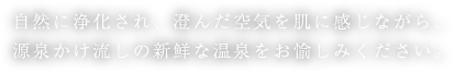 自然に浄化され、澄んだ空気を肌に感じながら、源泉かけ流しの新鮮な温泉をお愉しみください。