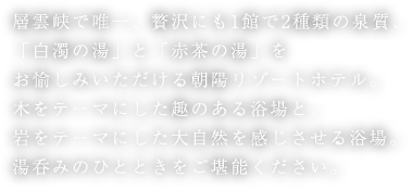 層雲峡で唯一、贅沢にも1館で2種類の泉質、「白濁の湯」と「赤茶の湯」をお愉しみいただける朝陽リゾートホテル。木をテーマにした趣のある浴場と、岩をテーマにした大自然を感じさせる浴場。湯呑みのひとときをご堪能ください。