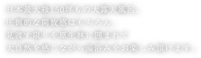 日本最大級150坪もの大露天風呂。圧倒的な開放感はもちろん、見渡す限りを原生林に囲まれて大自然を感じながら湯浴みをお楽しみ頂けます。