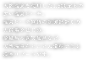 天然温泉を使用した1,500㎡もの広い温泉ビーチ。温泉ビーチ直結の総御影造りの大浴場をはじめ、檜風呂や露天風呂など、天然温泉をとことん満喫できる温泉リゾートです。