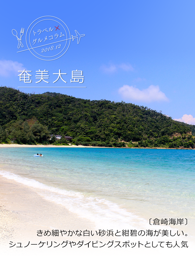 トラベル×グルメコラム 2018.12 奄美大島 〔倉崎海岸〕きめ細やかな白い砂浜と紺碧の海が美しい。シュノーケリングやダイビングスポットとしても人気。